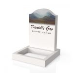 Example image of headstone model cora in color glacier white with standard base, square planter and customer graphics