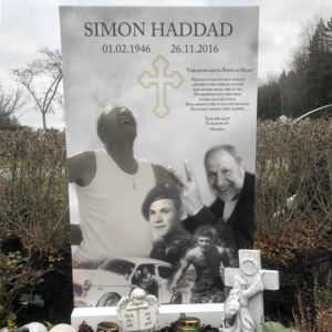 picture of installed peaceyard gravestone, model ada in glacier white color with standard base