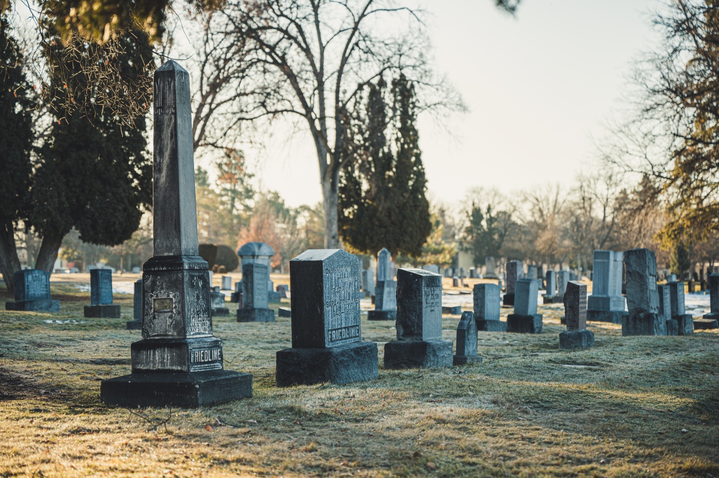 Tombstones in cemetery with text