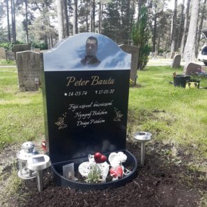 picture of installed peaceyard upright gravestone, Cora in night sky material with customer graphics